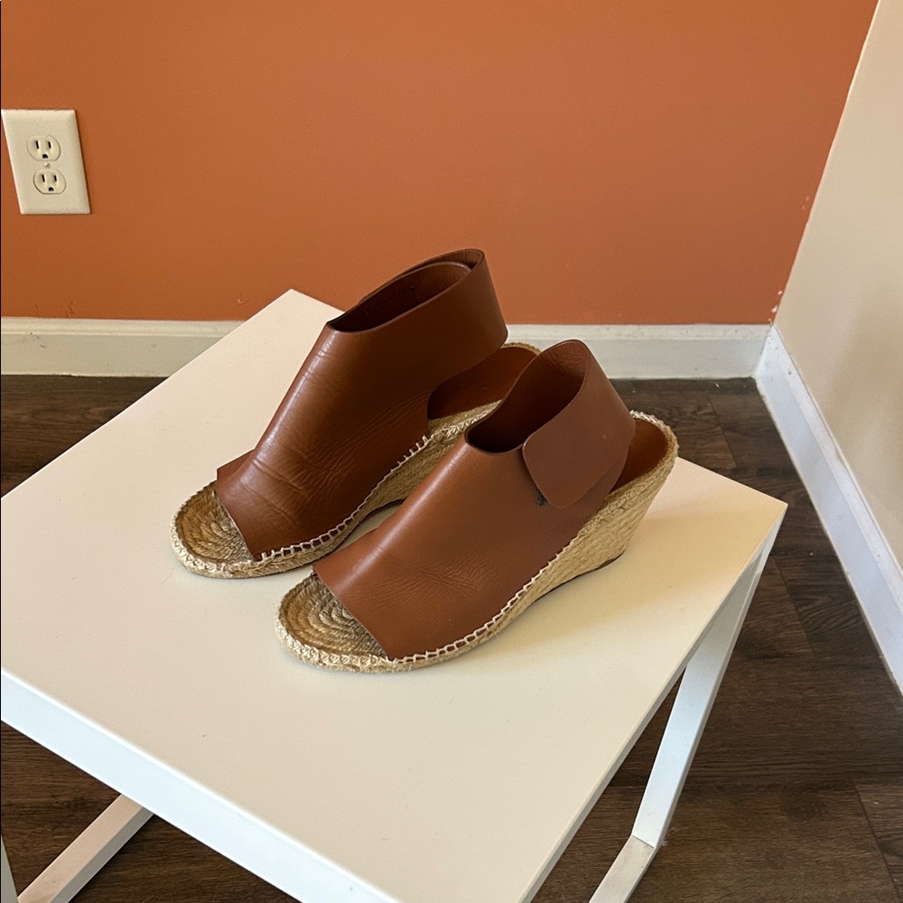 CELINE brown leather wedge espadrille shoes